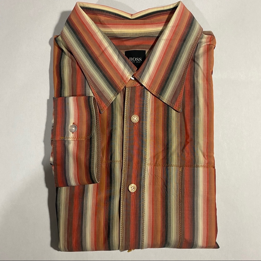 Hugo Boss button up orange striped men dress shirt